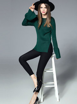 Pure Color Flare Sleeve Side-slit Slim Sweater