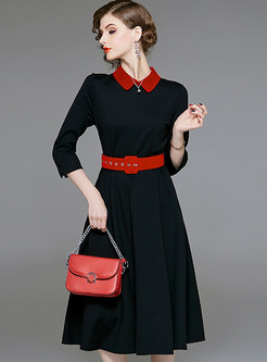 Color-blocked Turn Down Collar Belted Waist Dress