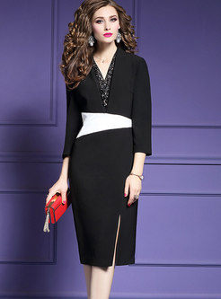 Trendy Color-block Deep V-neck Bodycon Dress With Slit 