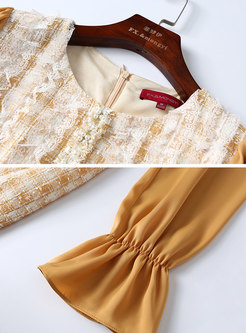 Elegant Petal Sleeve Belted Lace Plaid Wrap Bodycon Dress