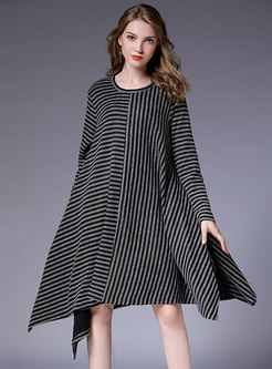 Chic Striped Asymmetric Hem Loose Knitted Dress
