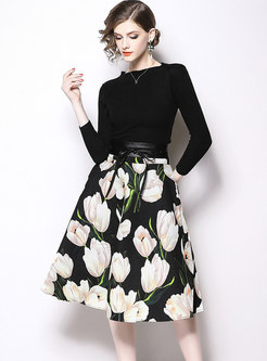 Trendy Splicing Print Belted Slim Knitted Dress