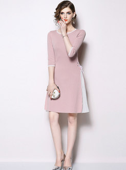 Color-blocked Splicing Gathered Waist Slit Knitted Dress