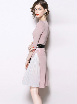 Color-blocked Splicing Gathered Waist Slit Knitted Dress
