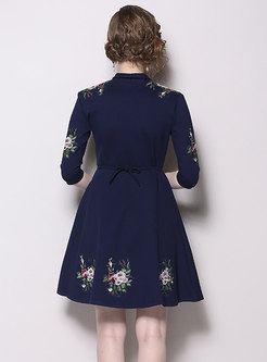 Stylish Embroidered V-neck High Waist Slim Dress
