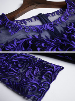 Elegant Blue-purple Embroidered Gathered Waist Bodycon Dress