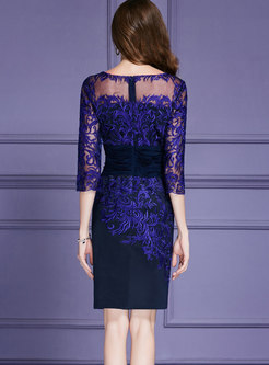 Elegant Blue-purple Embroidered Gathered Waist Bodycon Dress