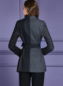  Work Daily Color-block Striped Belted Blazer 