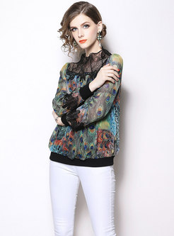 Chic Lace Splicing Print Stand Collar Blouse