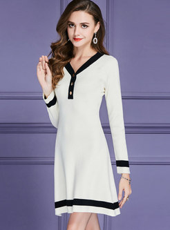 Trendy Brief V-neck Buttoned Sweater Dress