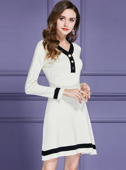 Trendy Brief V-neck Buttoned Sweater Dress