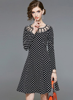 Trendy O-neck Stitching Polka Dot Waist A Line Dress