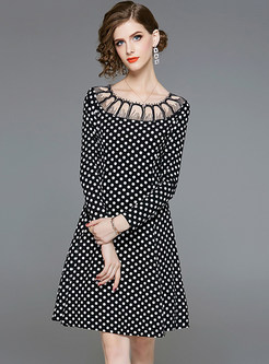 Trendy O-neck Stitching Polka Dot Waist A Line Dress