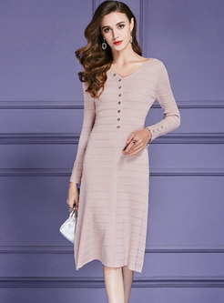 Fashion Brief V-neck Buttoned Knitted Dress