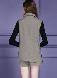 Stylish Lapel Sleeveless Asymmetric Vest & Houndstooth Shorts