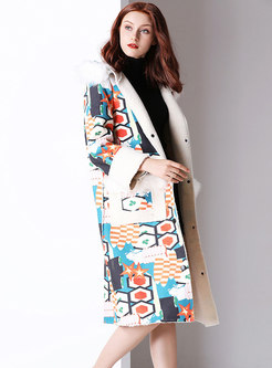 Chic Print Hooded Single-breasted Straight Coat