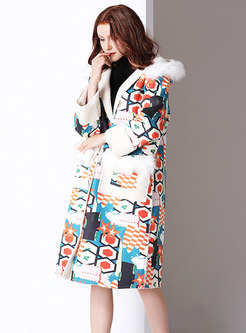 Chic Print Hooded Single-breasted Straight Coat