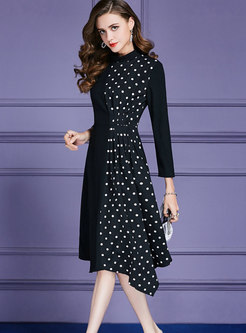 Chic Stitching Dots Asymmetric A Line Dress 