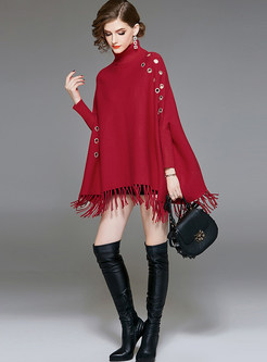 Stylish High Neck Bat Sleeve Hollow Out Sweater