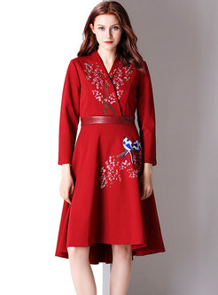 Trendy Embroidered V-neck Gathered Waist Asymmetric Dress