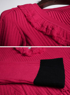 Stylish V-neck Fringed Button Sweater & High Waist A Line Skirt