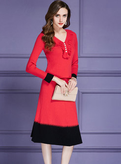 Stylish V-neck Fringed Button Sweater & High Waist A Line Skirt
