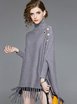 Grey Hollow Turtle Neck Tassel Pullover Sweater