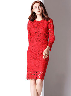 Solid Color Hollow Out O-neck Slim Lace Dress