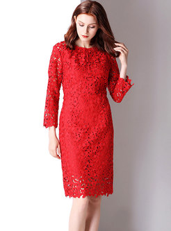 Solid Color Hollow Out O-neck Slim Lace Dress