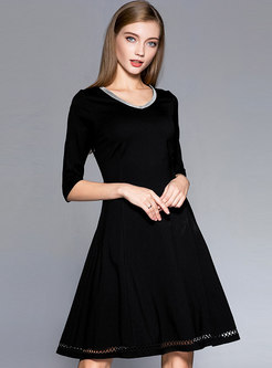 Brief Solid Color Crew-neck Hollow Out Skater Dress