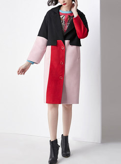 Color-blocked Turn Down Collar Single-breasted Woolen Coat