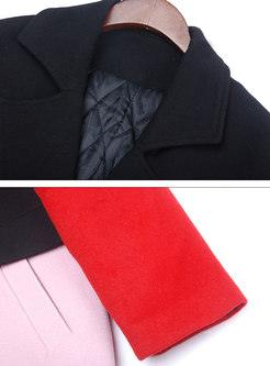 Color-blocked Turn Down Collar Single-breasted Woolen Coat