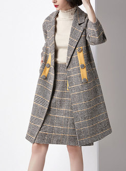 Stylish Grid Turn Down Collar Straight Woolen Coat