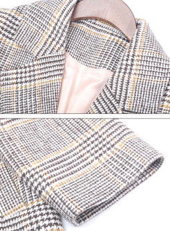 Stylish Grid Turn Down Collar Straight Woolen Coat