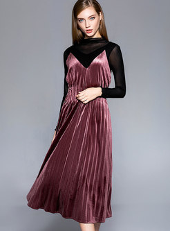 Autumn Black Mesh Blouse & Shimmer Velvet Sling Dress