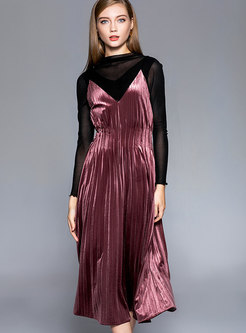 Autumn Black Mesh Blouse & Shimmer Velvet Sling Dress