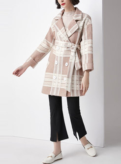 Brief Grid Turn Down Collar Belted Double-breasted Coat