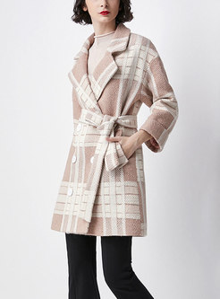 Brief Grid Turn Down Collar Belted Double-breasted Coat