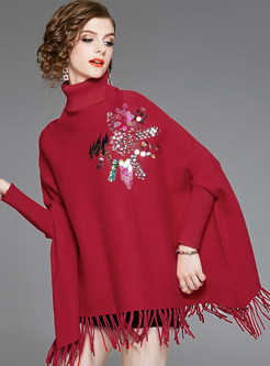 Fashion High Neck Bat Sleeve Sequined Sweater