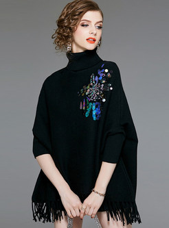 Stylish Loose Solid Color Sequined Tassel Sweater