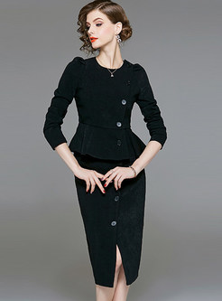 Black O-neck Long Sleeve Top & Sheath Slit Skirt