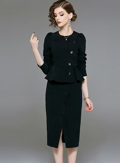 Black O-neck Long Sleeve Top & Sheath Slit Skirt