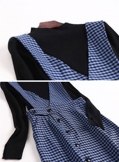 Standing Collar Long Sleeve Sweater & Plaid Strap Dress