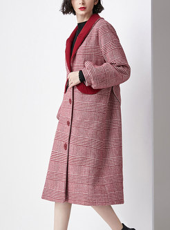 Elegant Grid Lantern Sleeve Single-breasted Woolen Coat