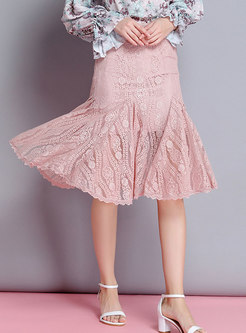 Sweet Pink Lace-paneled Ruffled Midi Skirt