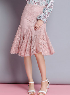 Sweet Pink Lace-paneled Ruffled Midi Skirt