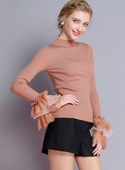 Chic Flare Sleeve Lace Stitching Bottoming Sweater
