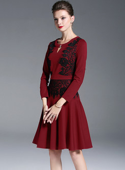 Long Sleeve Lace Stitching Waist A Line Dress