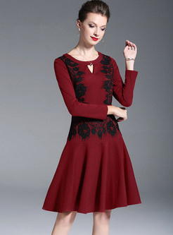 Long Sleeve Lace Stitching Waist A Line Dress