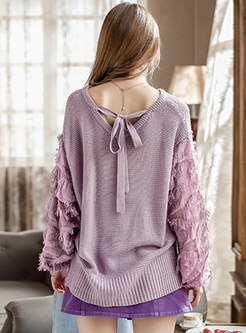 Chic Splicing O-neck Bowknot Loose Sweater